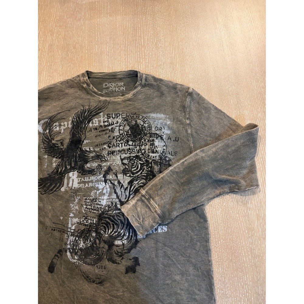 Y2K Distortion Men's Medium Gray Graphic Waffle Knit Long Sleeve Eagle Shirt